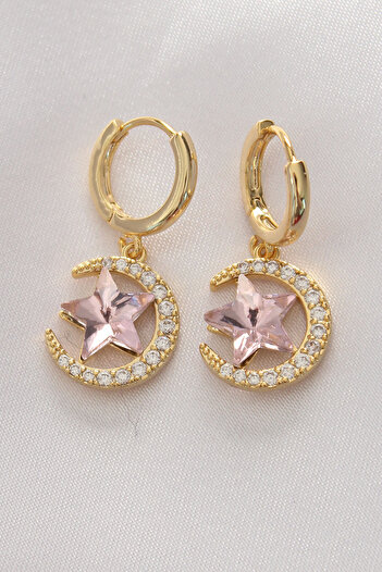 Toptan Bulurum Brass Gold Color Pink Zircon Stone Star Detail Moon Earrings