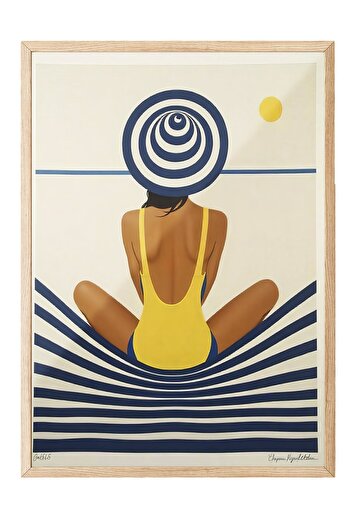 Postifull Wood Framed Poster, Woman on the Beach, Illustration, Yellow Color Poster, Summer Selection of 2025, No:109608