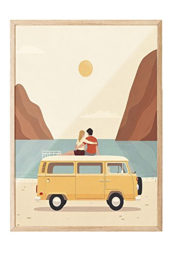 Postifull Wooden Framed Painting, Sunset and Couple, Illustration, Yellow Color Poster, 2025 Summer Selection, No:1097