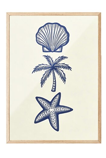 Postifull Wooden Framed Poster, Seashell, Illustration, Blue Color Poster, 2025 Summer Selection, No:109570