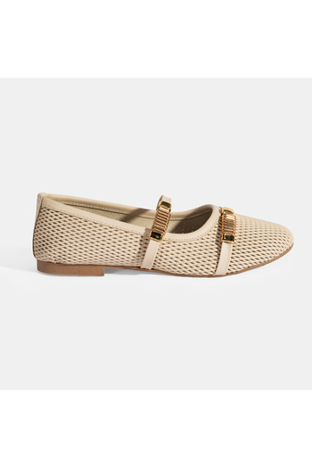 Desa Women's Beige Leather Ballerinas with Metal Buckle Accessories