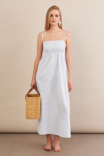 Cool & Sexy Women's Ecru-Blue Strapless Striped Beach Dress Or502