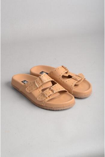 SEÇ KUNDURA Seç 8112 Genuine Leather Double Band Women's Slippers Caramel