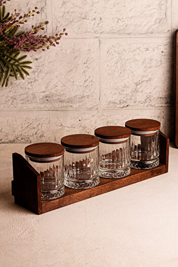 Snippy Mira Small - Set of 4 Vacuum Wooden Lid Glass Spice Jar Set with Stand Storage Container Set 210 ml