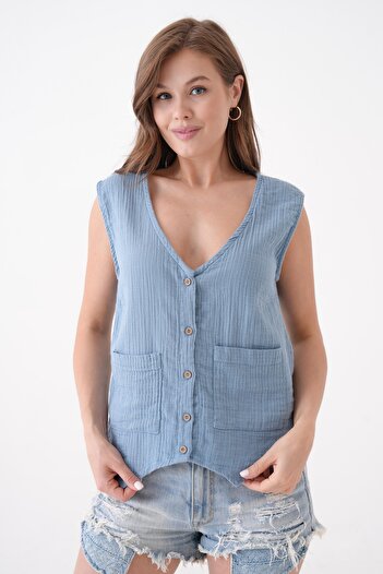 Butik Women's 100% Cotton Pocket Front Buttoned Muslin Vest Blouse