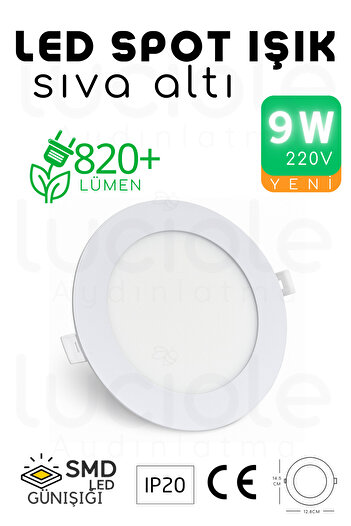 luciole 9W Slim LED Spot – 3200K Günışığı Işık, 820 Lümen, Beyaz Kasa, 14.5 cm, 220V, 15000 Saat Ömür