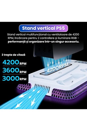 BiXXBi Suport vertical pentru PS5 / PS5 Slim / PS5 Pro, răcire și RGB, 3 porturi USB, alb