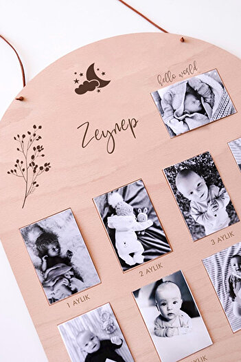 acargrafik Kişiye Özel İsimli 12 Aylık Ahşap Bebek Gelişim Panosu – Fotoğrafsız