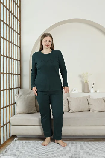 FAMESTEKSTİL Plus Size Seasonal Long Sleeve Report Fabric Straight Pajama Set