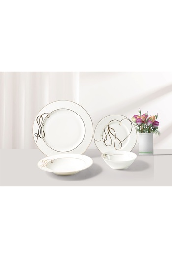 Bien Servi 16-Piece Heart Design Newbone Dinner Set White and Gold