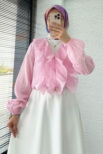 MELEK ARAZ Voile Fabric Blouse with Ruffle Detail - Pink
