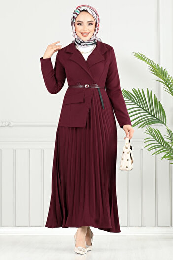 ModaMerve Double Breasted Collar Hijab Dress 4747Znk903-M Burgundy