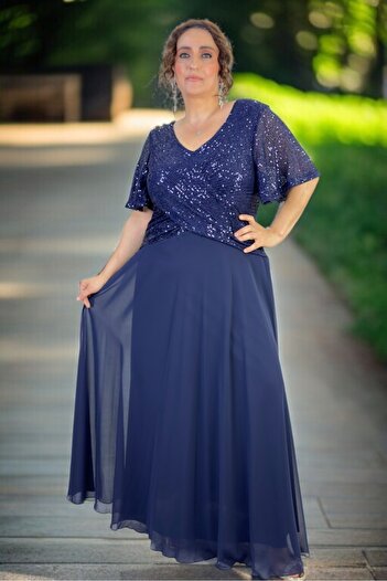 yagmurberen V Neck Sequin Sequin Degtay Double Breasted Cutout Plus Size Chiffon Evening Dress