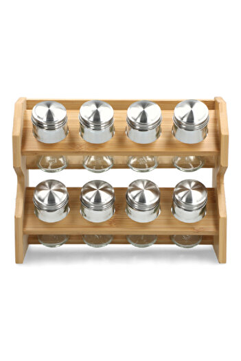 Bien Servi 8-Piece Bamboo Spice Jar Set with Stand Clear and Brown