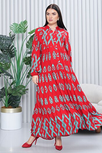 EL jadida Women's Katkat Patterned Plus Size Viscose Hijab Dress Red