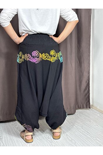 Sobe Hediyelik Black Hand Printed Adana Shalwar – Relaxed Fit, Wide Leg, Ethnic Patterned Summer Trousers