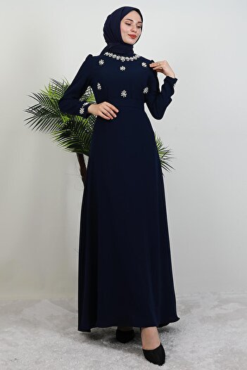 GİYZAMİLA Lalin Floral Stone Dress Navy Blue