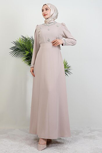 GİYZAMİLA Lalin Floral Stone Dress Light Powder