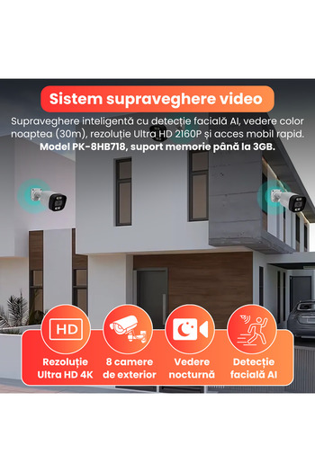 Spionescu Complete 4K surveillance kit with DVR and 8 outdoor cameras PK-8HB718, AI facial detection
