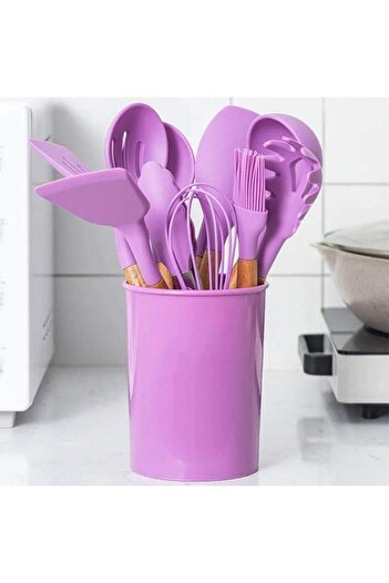 SIKS Set of 12 SIKS Food Grade Silicone Utensils, SPA12, With Wooden Handle, Purple
