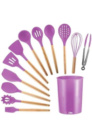 SIKS Set of 12 SIKS Food Grade Silicone Utensils, SPA12, With Wooden Handle, Purple