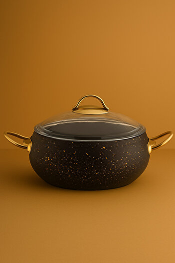 YUNUSOĞLU HOME Granite XXL Pot 30 Cm– 7.5 Liters, Gold Handle, Fireproof Non-Stick, Glass Lid