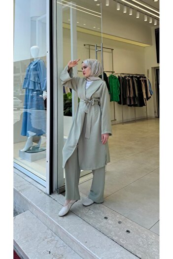 Vent Women's Hijab Kimono Pants Set – Jacket Collar Belted Summer Suit |   Cotton Linen Fabric