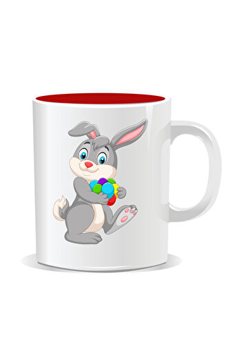 OEM Personalized Easter mug, Bunny with many painted eggs - Red interior