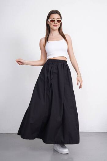 Gülmude Long Double Pockets Elastic Waist Cotton Anti-Sweat Fabric Flared Skirt Length (90) cm
