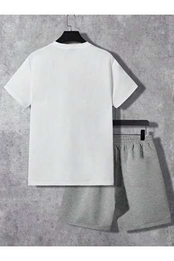 Boi Brooklyn Shorts T-Shirt - White Gray Printed Top and Bottom Set Crew Neck