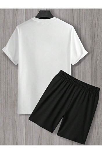 Boi Renaissance Art Sculpture T-Shirt Shorts - White with Black Shorts T-Shirt Bottom Top Set Printed Crew Neck