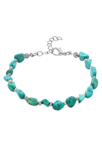 Tesbihane Silver Color Metal Chain Dorika Ball Decorated Amorphous Turquoise Turquoise Natural Stone Men's Bracelet