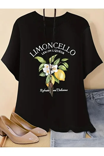 VBSVİBES Lemon Cello Printed Black Cotton T-Shirt - Oversize Crew Neck T-Shirt