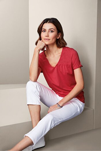 Tchibo Women V-neck Short Sleeves Eyelet T-shirt, Red