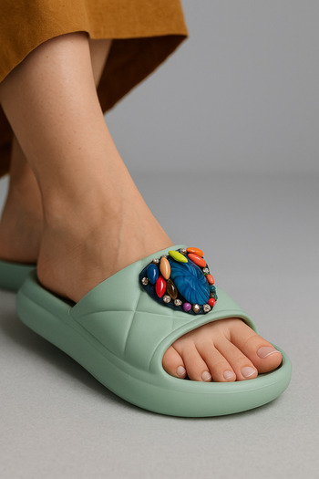 AkınalBella Green Special Designed Stone Eva Women's Slippers Sea Coast Daily Indoor and Outdoor Slippers