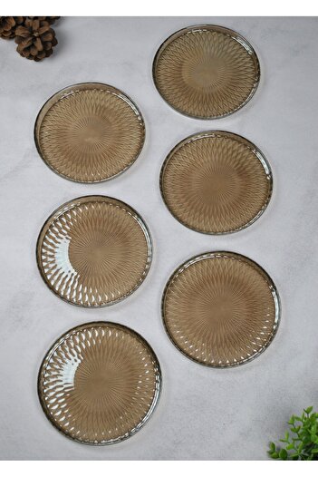 Qualitev Set of 6 Smoked Glass Patterned 16 cm Dessert Plate Cake Treat Plate