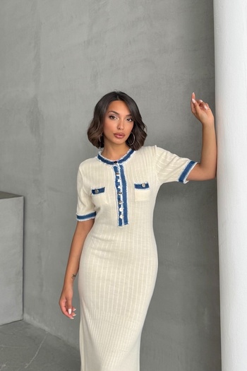 Lusin Women's Ecru Stylish Jean Detailed Short Sleeve Buttoned Knitwear Dress