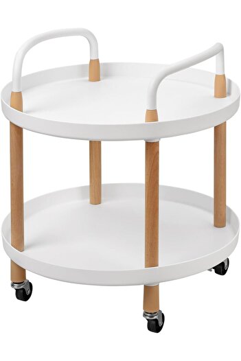 Lawazim 2-Tier Round Side Table - White End Table with Wheels & Handles for Living Room or Bedroom