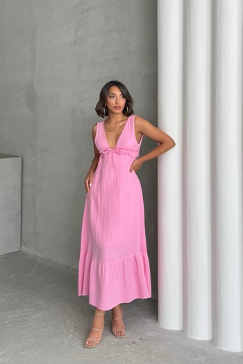 Lusin Women's Pink Strap Muslin Fabric Lined Summer Premium Sleeveless Midi Dress