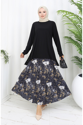 sefamerve Sandy Fabric Tunic Skirt Double Set 2073-02 Black