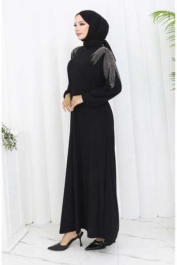 sefamerve Sandy Fabric Stone Evening Dress 2060-03 Black