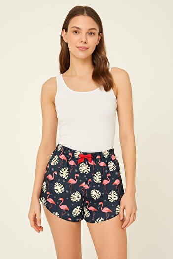 enmodaiçgiyim Colorful Flamingo Patterned Pocketless Micro Fabric Mini Women's Shorts