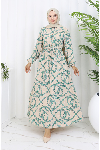 sefamerve Aerobin Fabric Chain Patterned Dress 0105-03 Mink Green