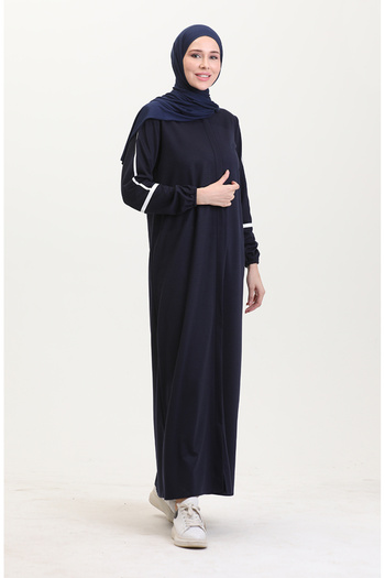 sefamerve Sleeve Printed Zippered Ferace 13045-01 Navy Blue