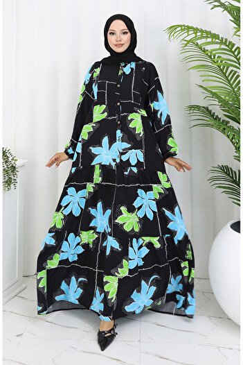 sefamerve Alaçatı Patterned Half Button Viscose Dress 2085-02 Black Green