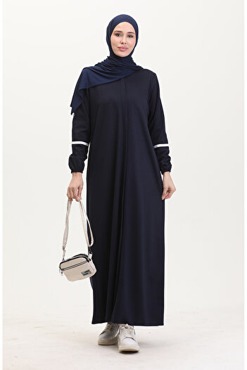 sefamerve Sleeve Printed Zippered Ferace 13045-01 Navy Blue