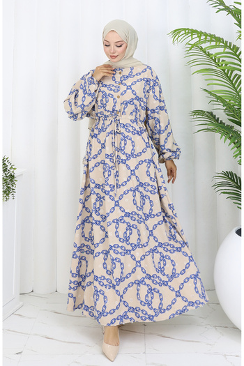 sefamerve Aerobin Fabric Chain Patterned Dress 0105-02 Mink Navy Blue