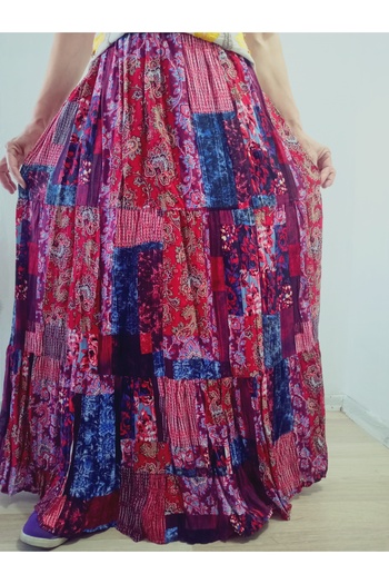 hoaryage Bohemian, Ethnic Printed Long Skirt, Holiday Beach Dress, Elastic Waist, Mevlana Viscose with 3 Layers of Ruffles