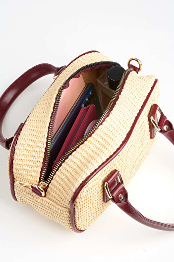 Vivaq Women's Cedar Wicker Burgundy Zipper Closure Handbag and Shoulder Bag with Charm Accessories