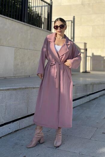 NEW LAVİVA Women's Pink Long Oversized Pocket Trench Coat - 700-3335